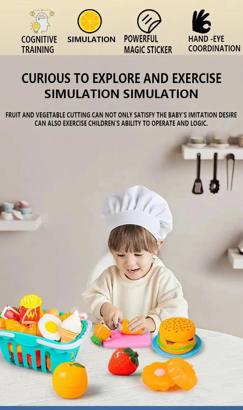 A child is using a DIY fruit cutting music toy set to cut various fruits and vegetables on a table.