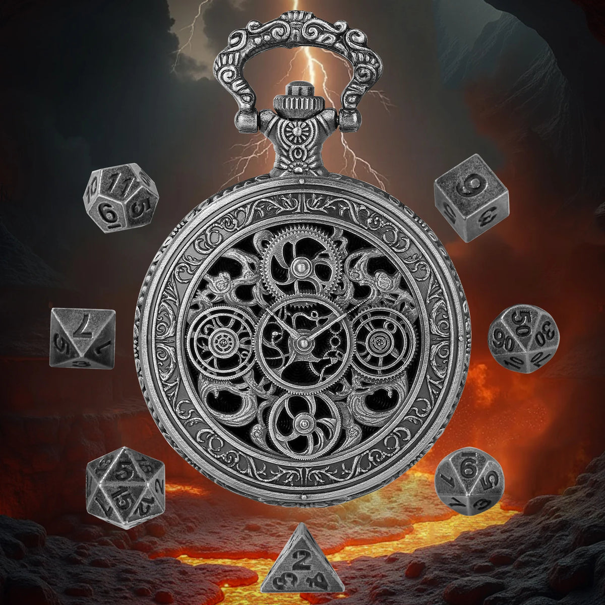 Vintage Pocket Watch Style Dice Set with 7 Polyhedral Metal Dice