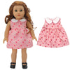 A doll wearing a pink floral dress and white collar, shown next to the outfit components.