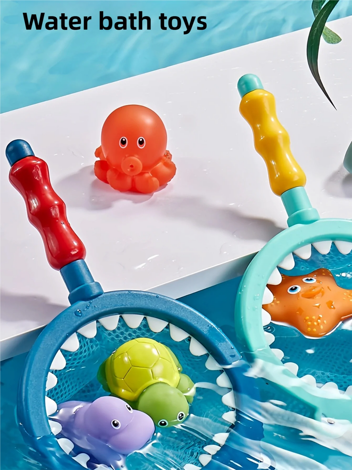 Turtle Water Play Bath Toy Set with Net and Squeeze Animals