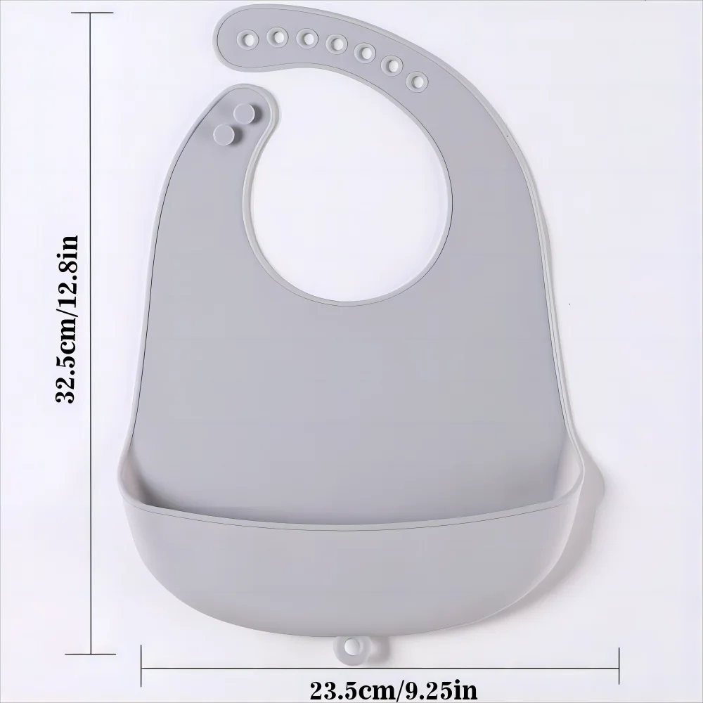A gray waterproof silicone baby bib with a catch pocket shown from above.