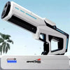 A white and black rechargeable electric water blaster is shown angled, with a blue water stream visible.