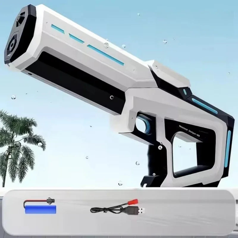 A white and black rechargeable electric water blaster is shown angled, with a blue water stream visible.