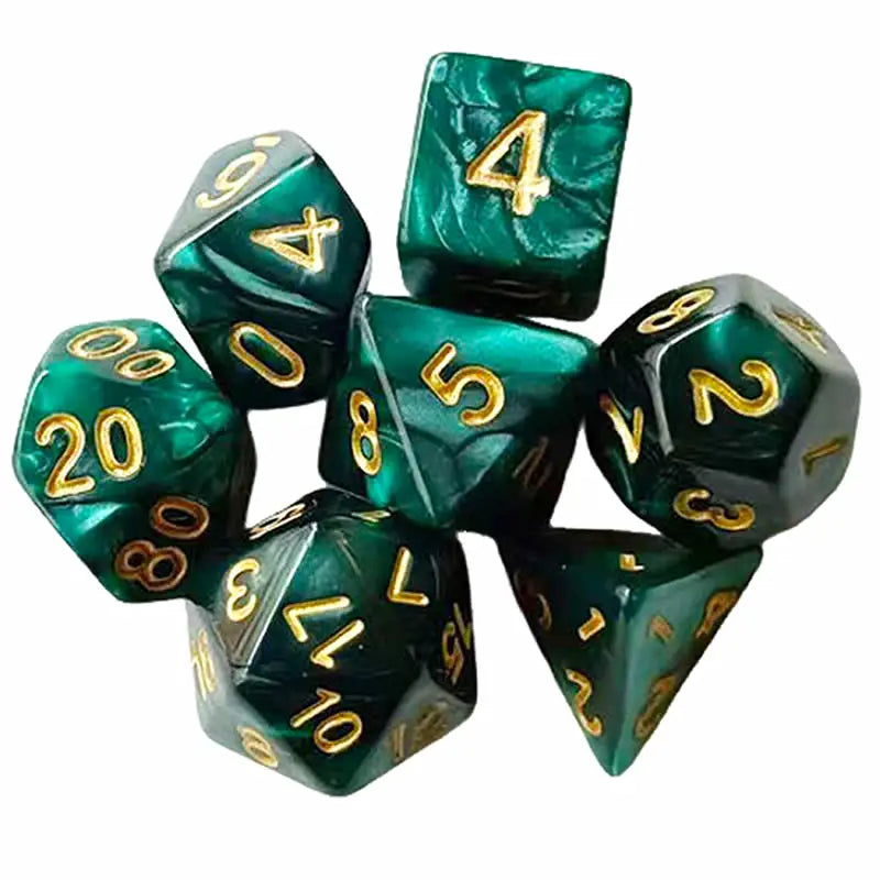 A set of seven green polyhedral dice used for tabletop games and role-playing.