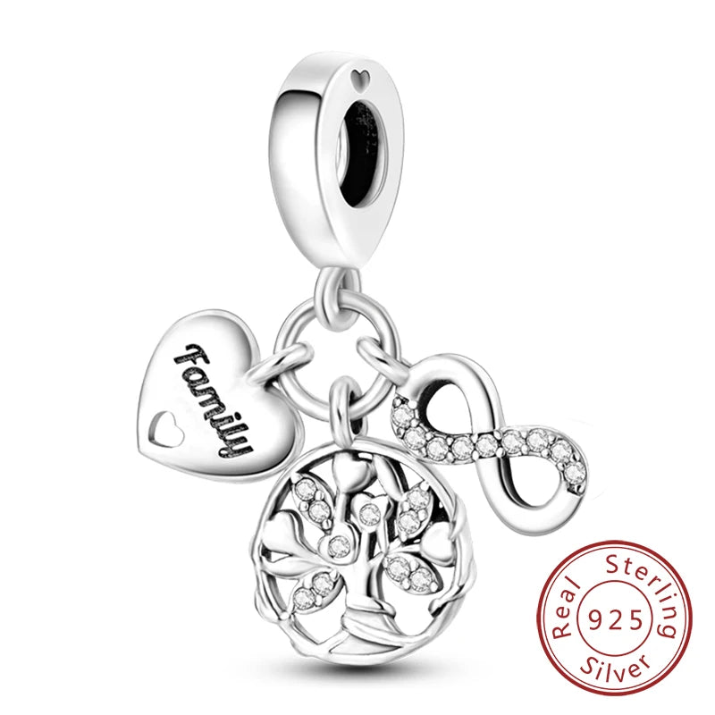 Sterling silver heart charm beads for bracelets featuring a heart and a tree design