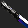 A black lightsaber with an RGB blade and sound effects, shown diagonally against a dark background.