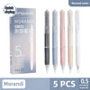 Morandi series 5 pieces of quick-drying gel pens with smooth 0.5mm tips shown in a box and individually.