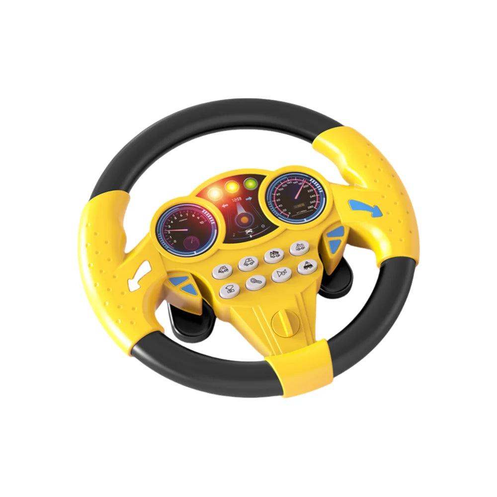 Volant éducatif rotatif jaune et noir 360° pour enfants avec divers cadrans et commandes.