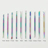 A set of ten colorful stainless steel clay sculpting tools shown vertically with varying lengths.