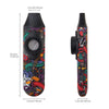 A vertical view of an adjustable tone kazoo with a lanyard, featuring vibrant, colorful, abstract patterns.