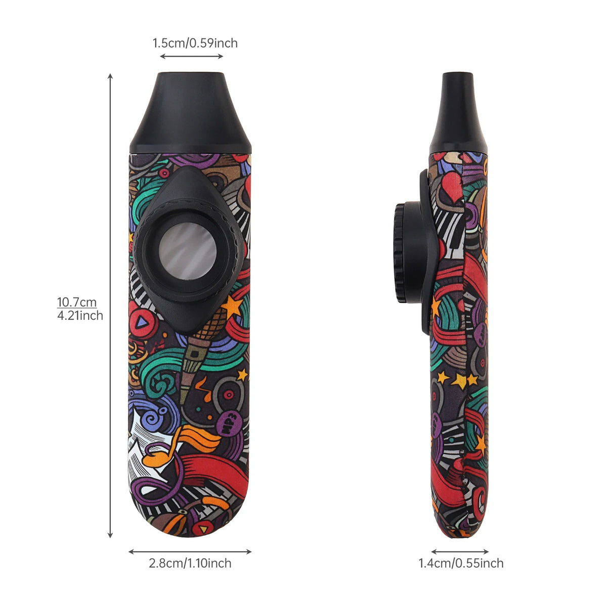 A vertical view of an adjustable tone kazoo with a lanyard, featuring vibrant, colorful, abstract patterns.