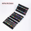 A clear plastic box containing 48 glitter markers with dual brush tips in various metallic and sparkle colors.