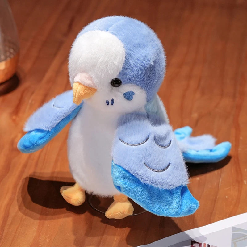 A cute blue and white parrot plush finger puppet with soft feathers and a beak.