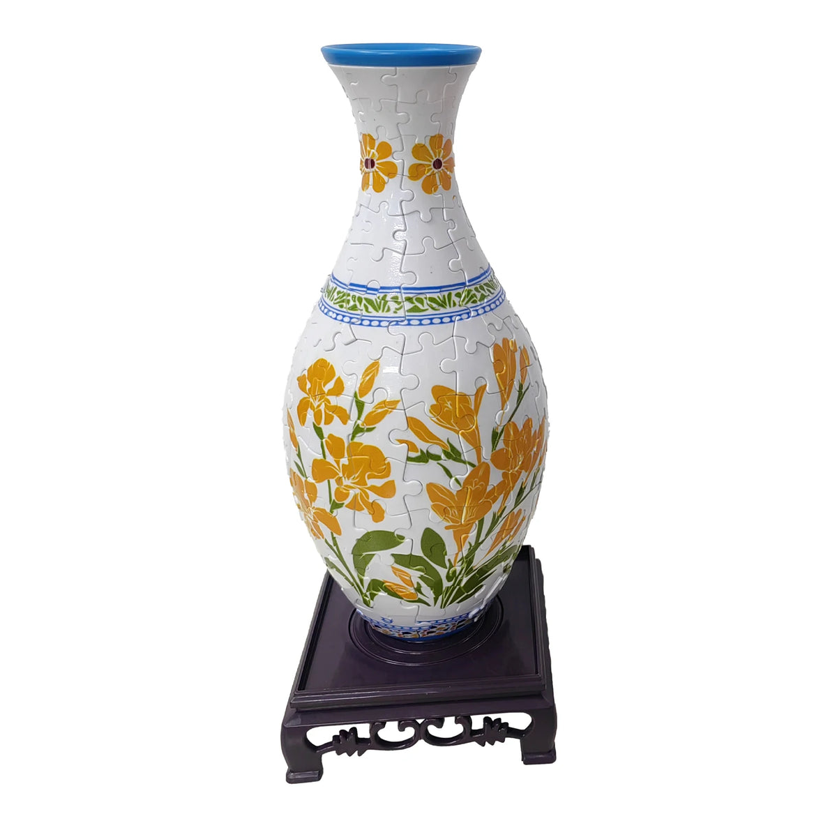 Blue and white porcelain flower vase puzzle featuring yellow floral designs on a stand