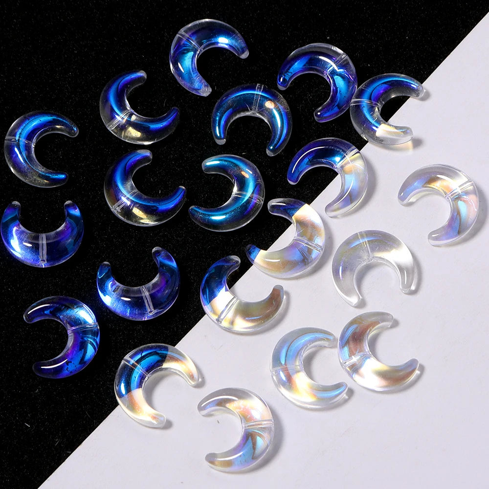 A collection of iridescent blue and purple moon-shaped glass beads for DIY jewelry making
