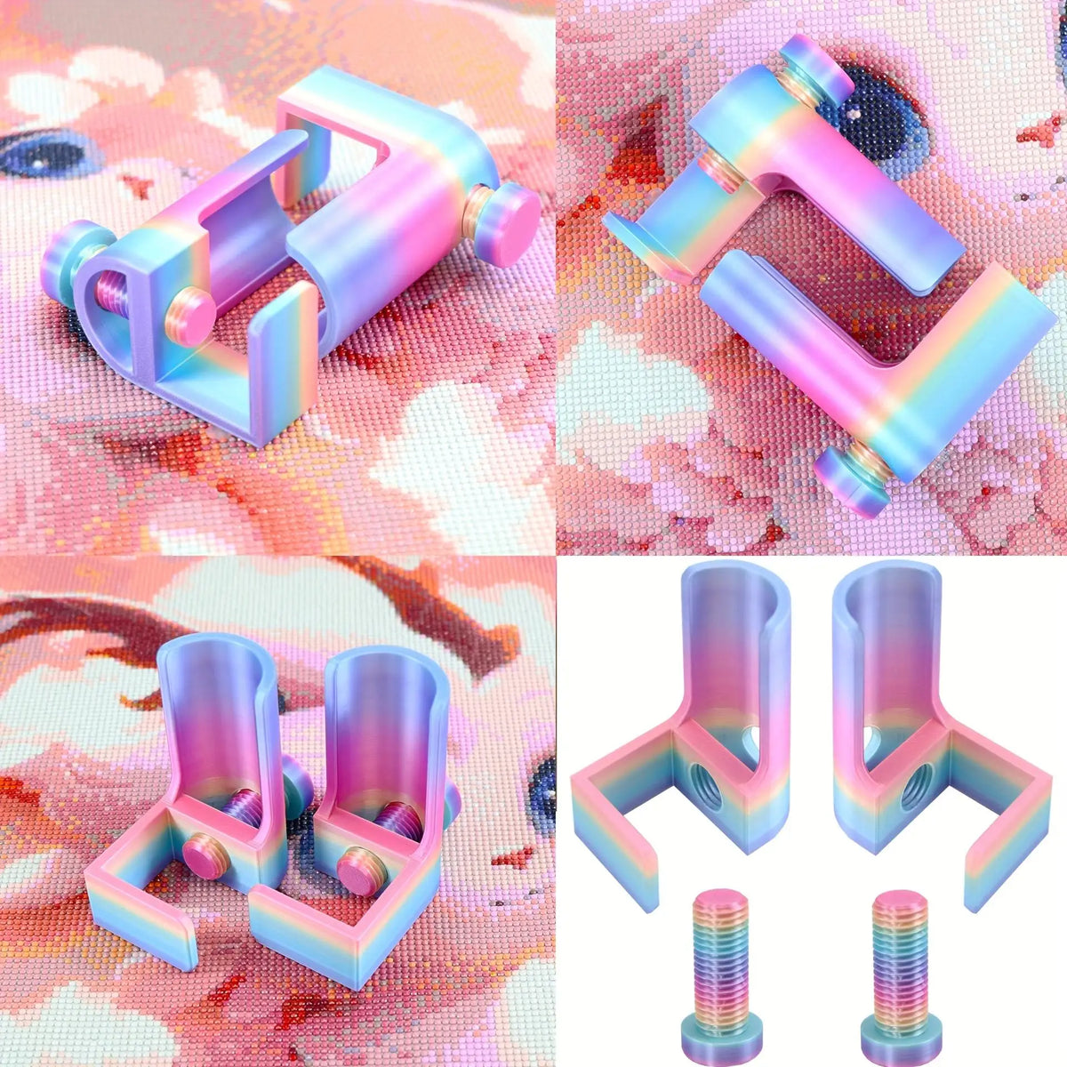 A set of adjustable diamond painting canvas stands featuring a table clamp and roller in various pastel colors.