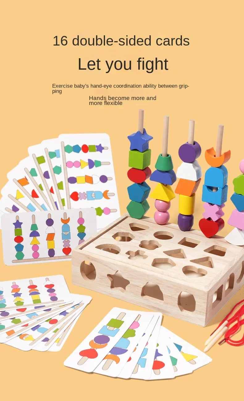 A wooden sorting toy set featuring 16 double-sided cards for developing hand-eye coordination in toddlers.
