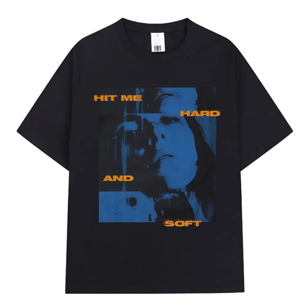 Black t-shirt featuring a blue and orange graphic with the text Hit Me Hard and Soft