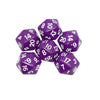 A set of purple twenty-sided dice (D20s) scattered on a white background.