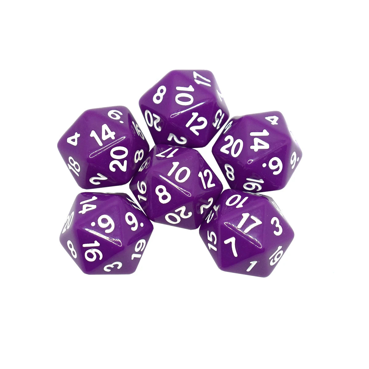 A set of purple twenty-sided dice (D20s) scattered on a white background.