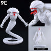 A fully articulated white action figure of Yuji Itadori from Jujutsu Kaisen, shown in various poses and an accessory.