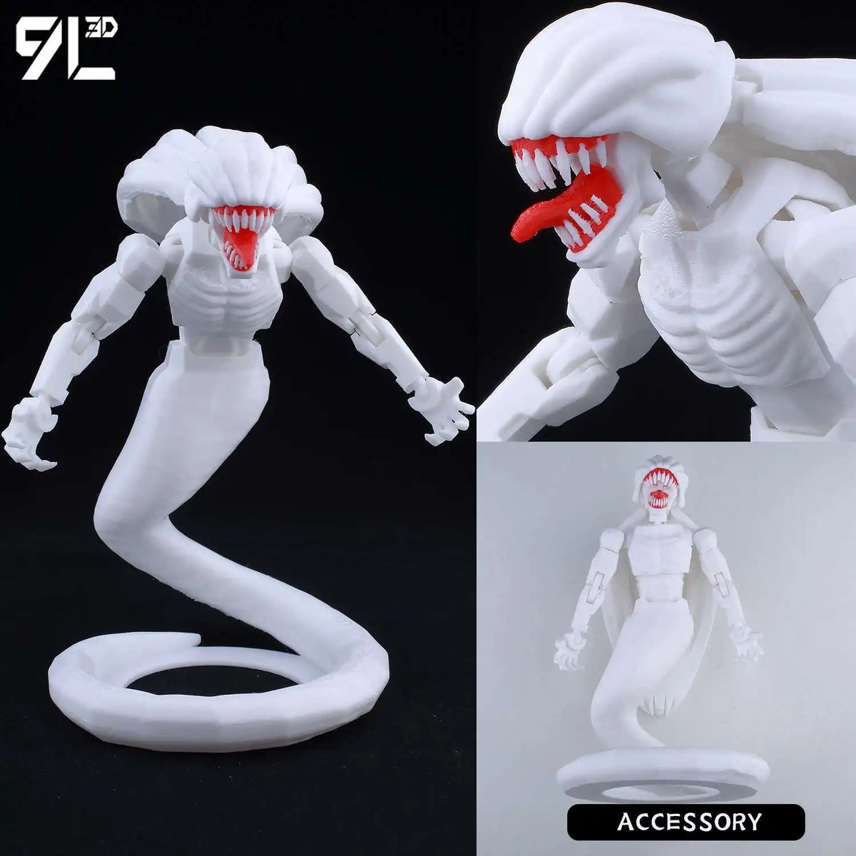 A fully articulated white action figure of Yuji Itadori from Jujutsu Kaisen, shown in various poses and an accessory.