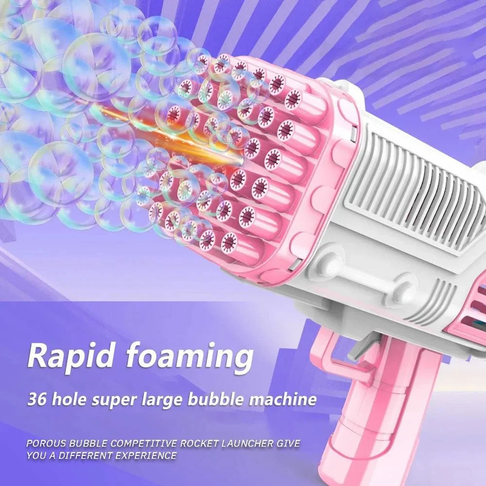 A pink and white bubble gun is shown firing a stream of large bubbles.