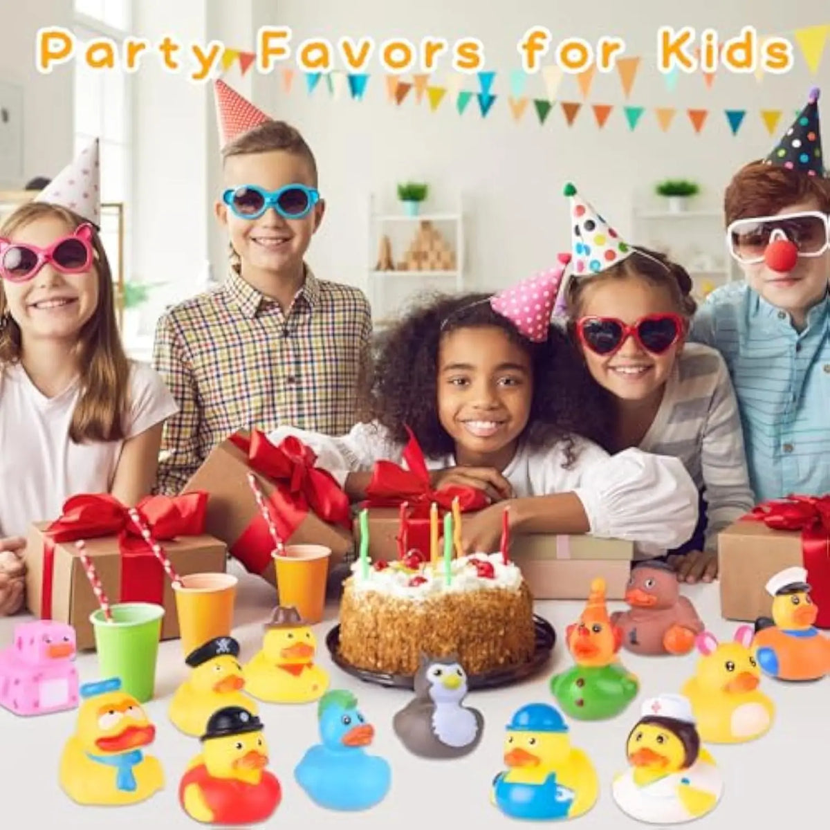 A group of children holding assorted rubber ducks and party favors for kids