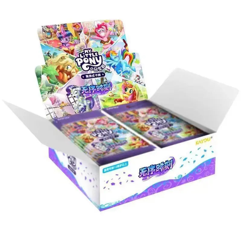 A box containing a collection of My Little Pony friendship cards and themed pouches.