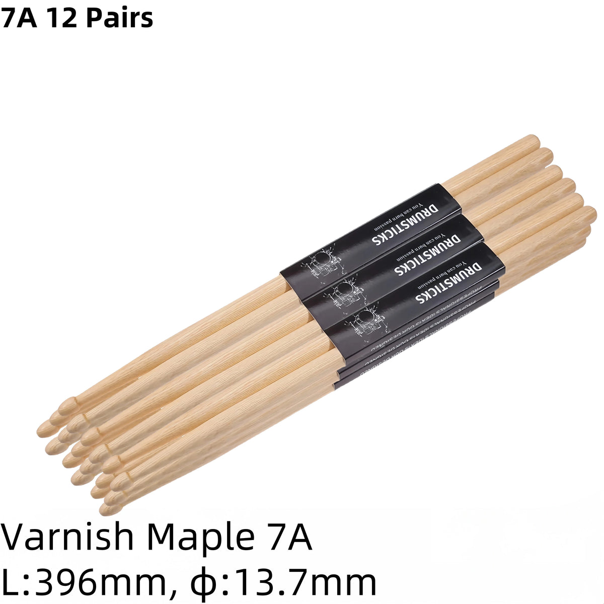 A pair of light wood maple drumsticks with black grips shown diagonally.