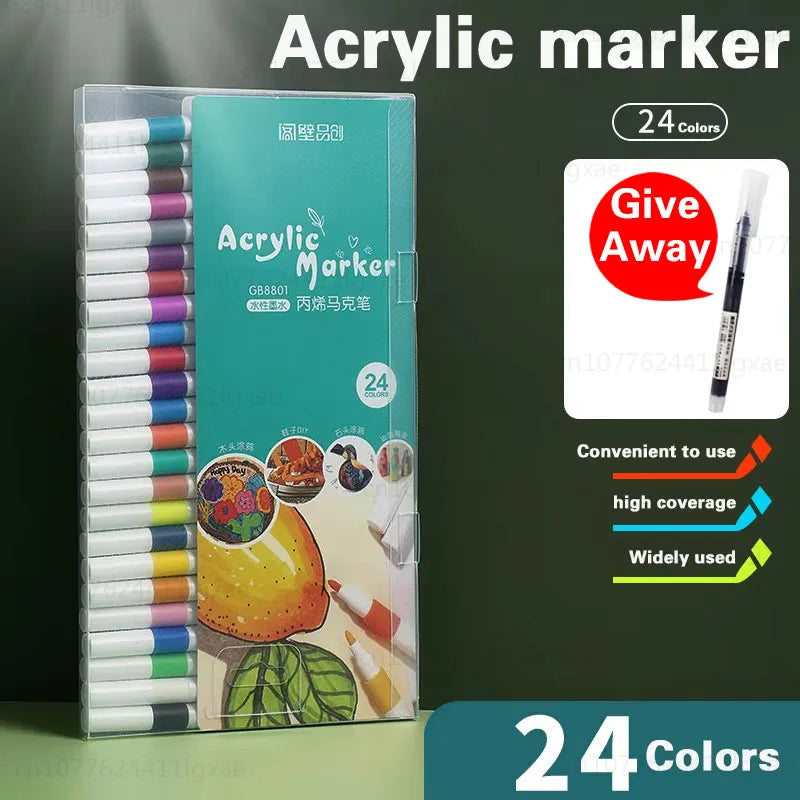 A box of 24 colored acrylic markers for art and painting supplies