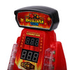 A red interactive finger boxing machine with an illuminated display showing a champion score.