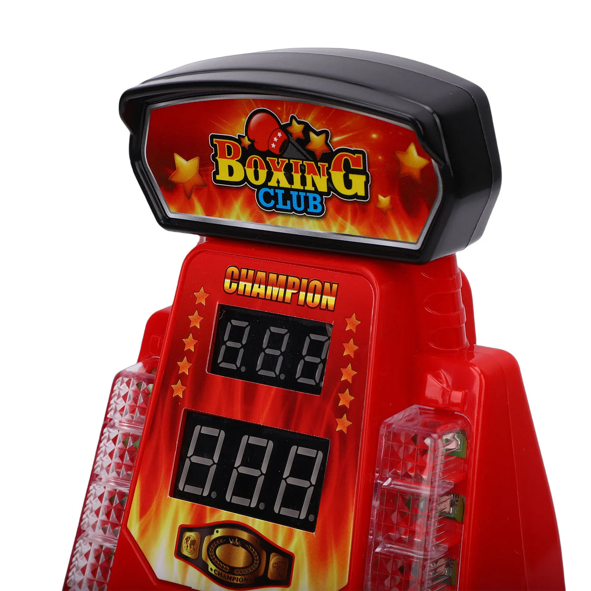 A red interactive finger boxing machine with an illuminated display showing a champion score.