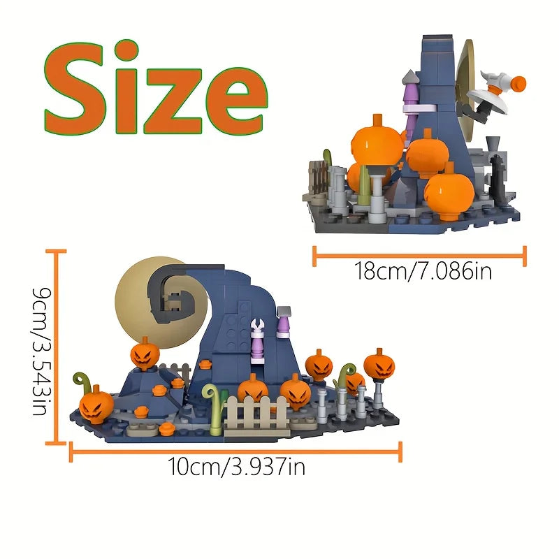 A building block set depicting a haunted house scene with orange pumpkins and spooky decorations.