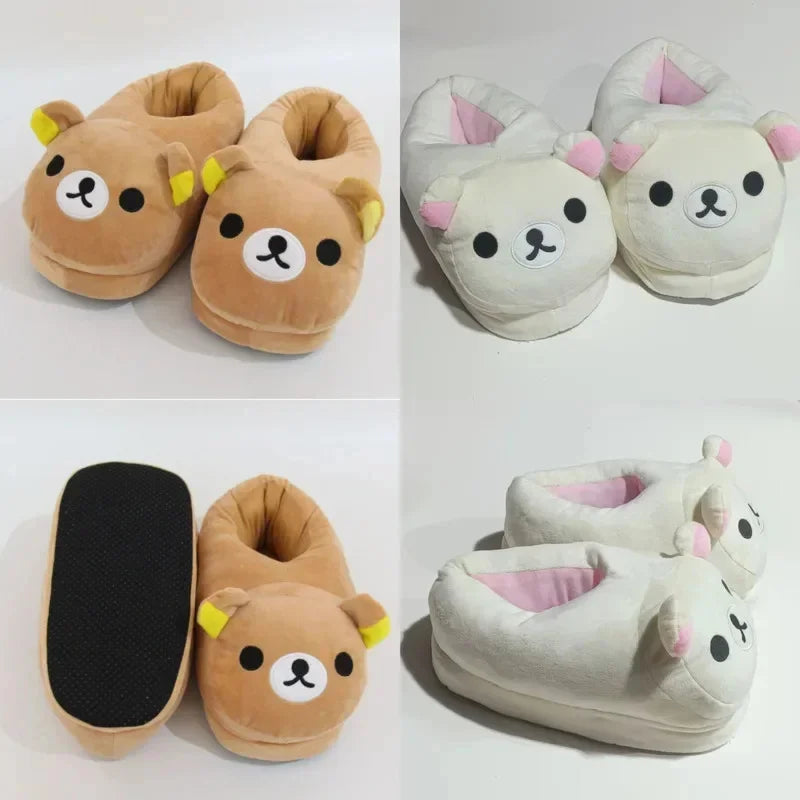 A set of Kawaii Rilakkuma plush indoor slippers in brown and white colors.