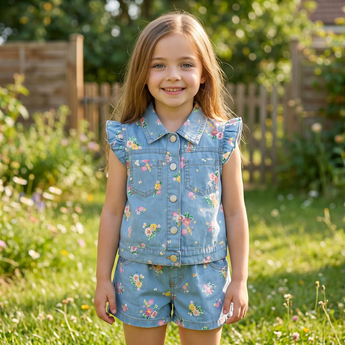 A young girl wearing a floral print denim shirt and shorts set outdoors.