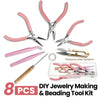 An assortment of 8 pink and silver jewelry making and beading tools including pliers, cutters, and needles in a clear storage