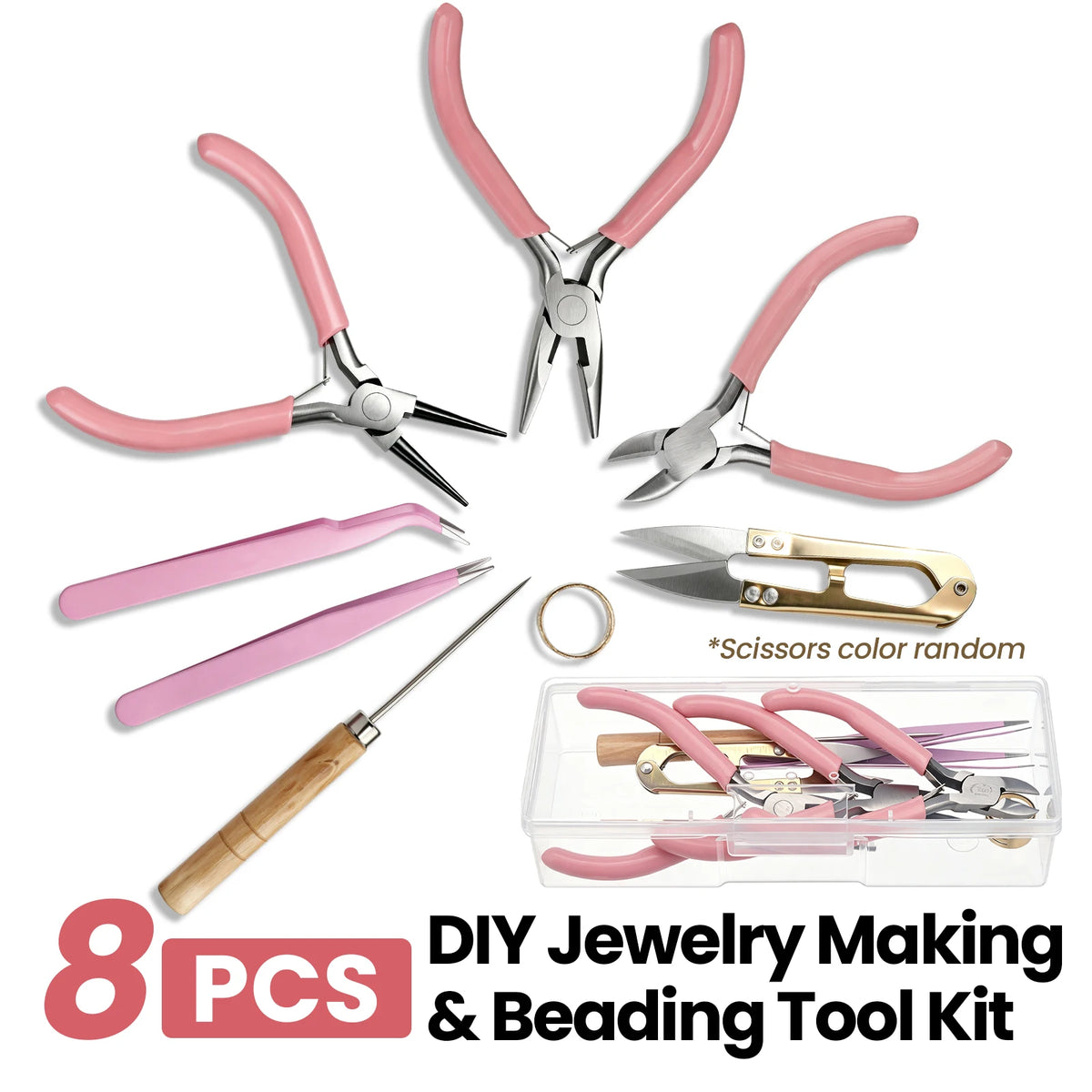 An assortment of 8 pink and silver jewelry making and beading tools including pliers, cutters, and needles in a clear storage
