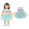 A doll wearing a unicorn themed outfit featuring a sparkly blue and pink skirt and top.