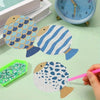 Eight piece diamond painting coasters featuring various fish designs and a clock on a light green surface