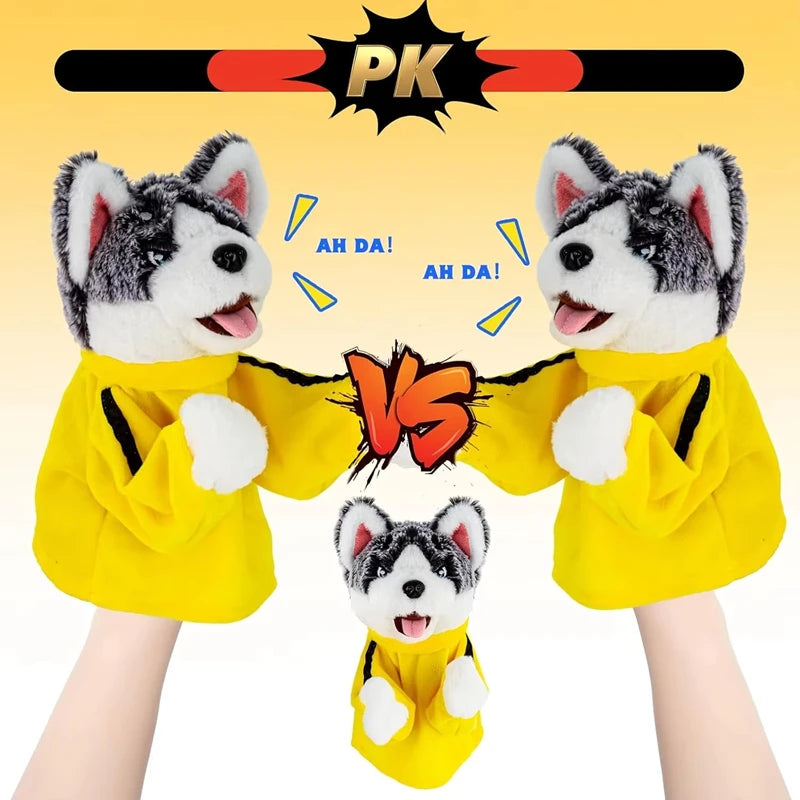 A set of three yellow husky puppets with white fur and black markings facing each other in a boxing pose.