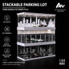 A three-layer stackable parking lot model featuring cars and cityscapes with LED lights.