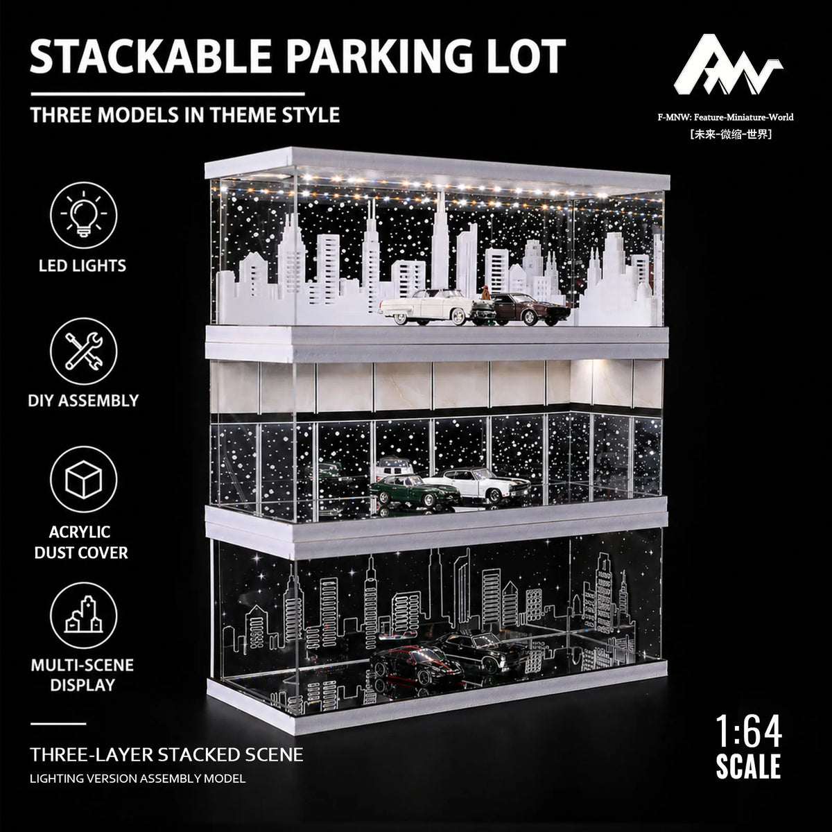 A three-layer stackable parking lot model featuring cars and cityscapes with LED lights.