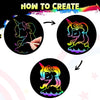 Step-by-step guide showing how to create a rainbow unicorn design using scratch art paper.