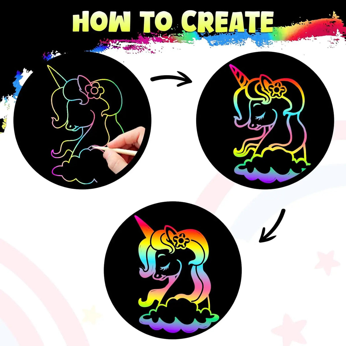 Step-by-step guide showing how to create a rainbow unicorn design using scratch art paper.