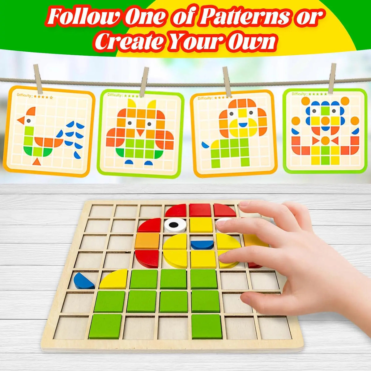 Wooden Mosaic Puzzle Set for Toddlers – Montessori Shape & Color Learning Toy