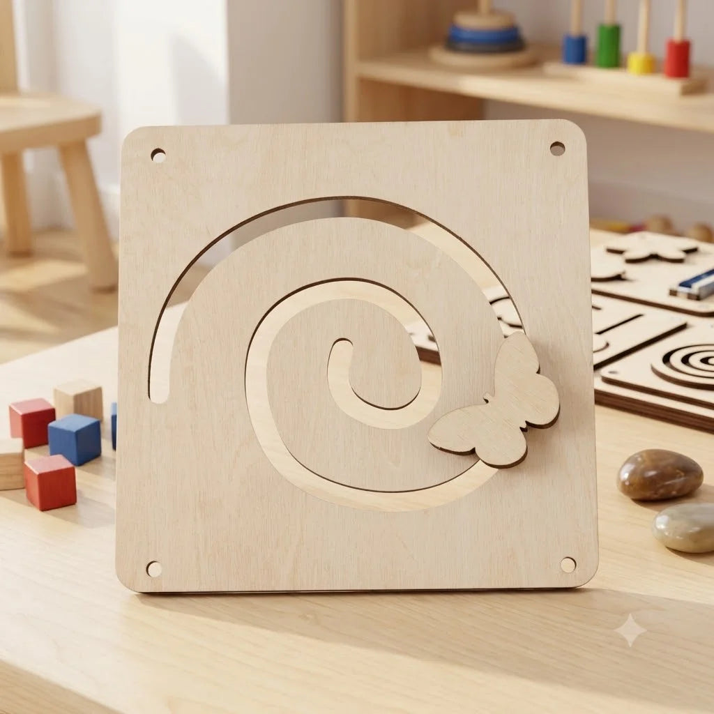 A wooden sensory activity board for toddlers featuring a carved butterfly design.