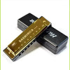 Une harmonica de couleur or à côté de son étui noir, avec des trous numérotés.