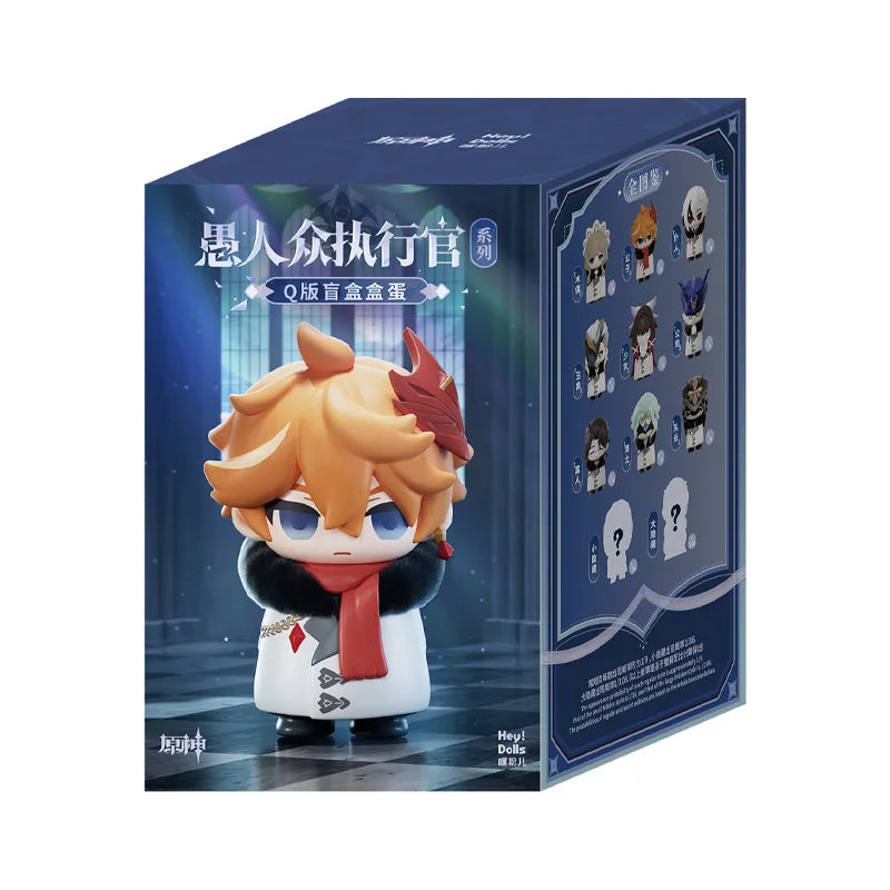 A box of chibi figurines featuring Fatui Harbingers from Genshin Impact, displayed against a dark blue background.