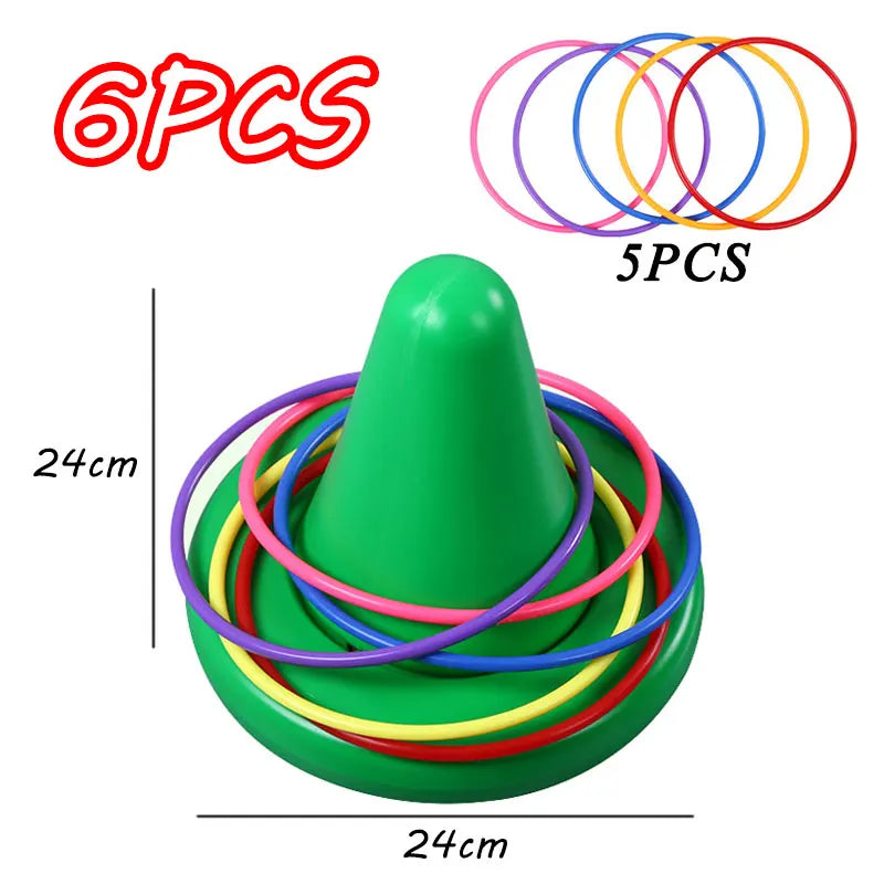 A green balance stone sensory training toy set with six colored rings, shown from above.